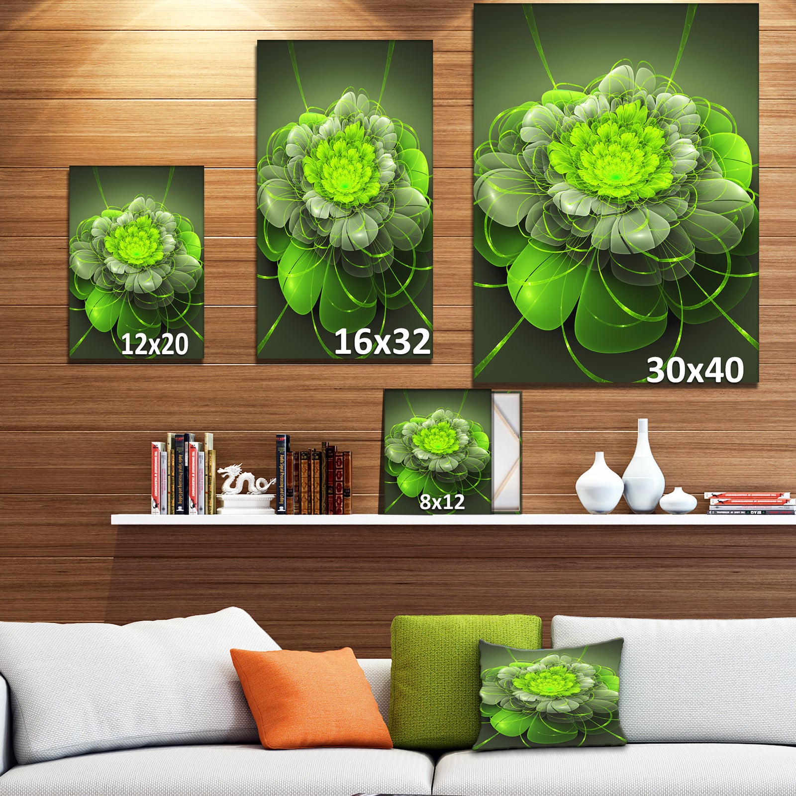Green 3D Lotus Exotic Flower - Floral Contemporary Art on wrapped Canvas
