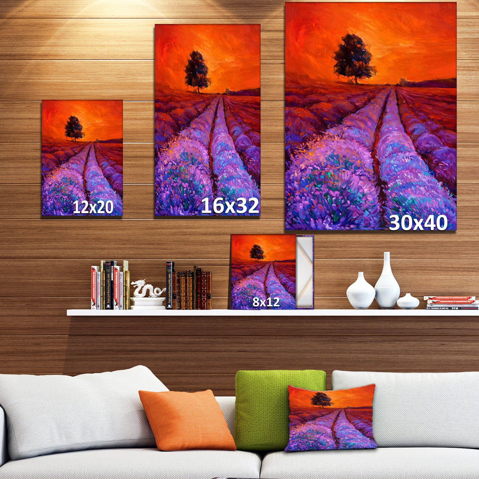 Lavender Field in Golden Sunset - Floral Painting Print on Wrapped Canvas