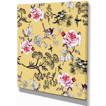 Birds and Pink Roses Floral pattern - Floral Painting Print on Wrapped Canvas