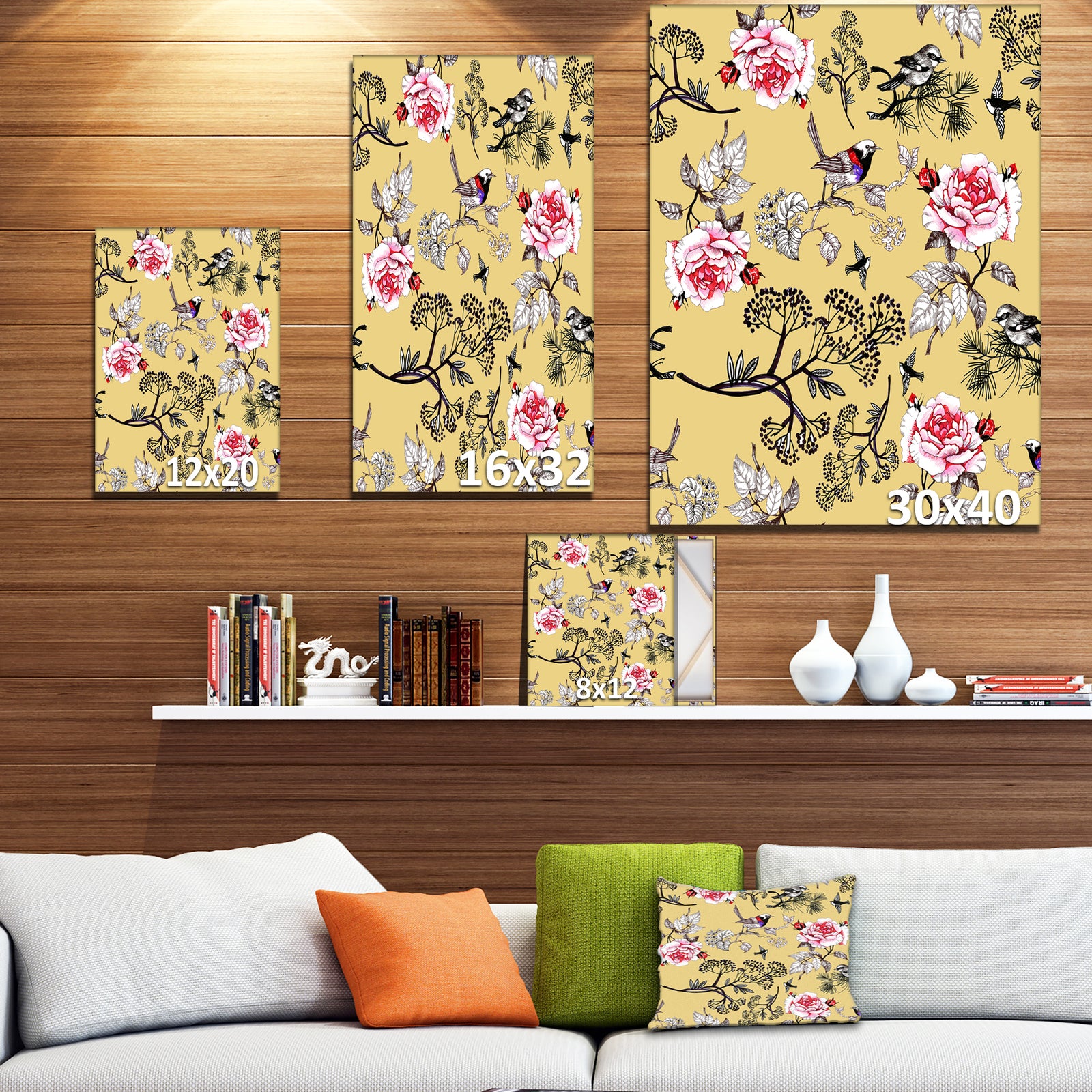 Birds and Pink Roses Floral pattern - Floral Painting Print on Wrapped Canvas