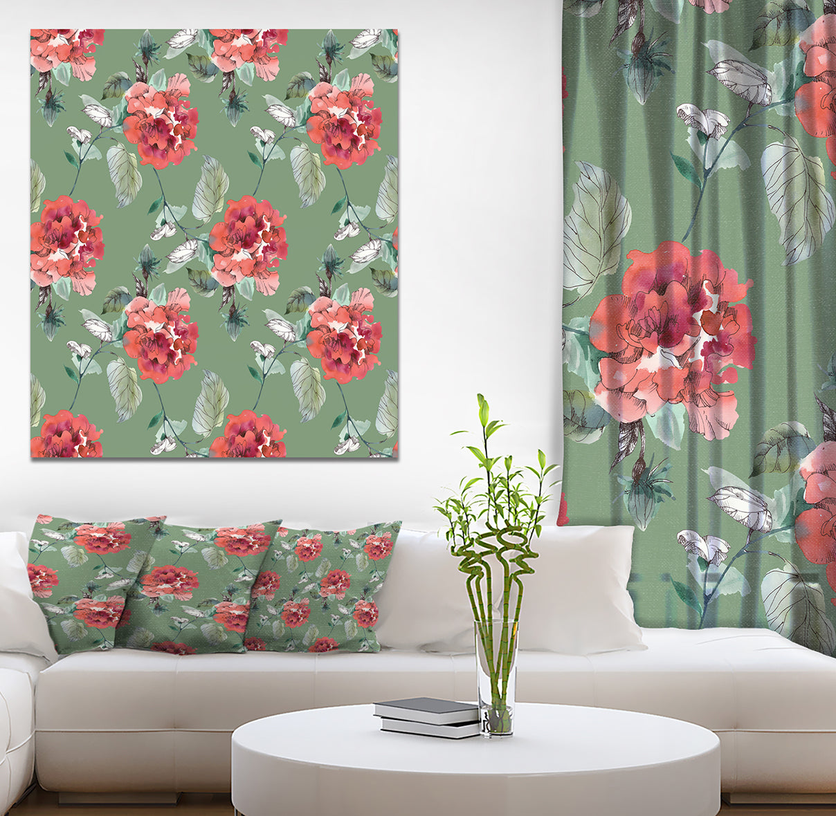 Red Rose in Green background - Floral Painting Print on Wrapped Canvas
