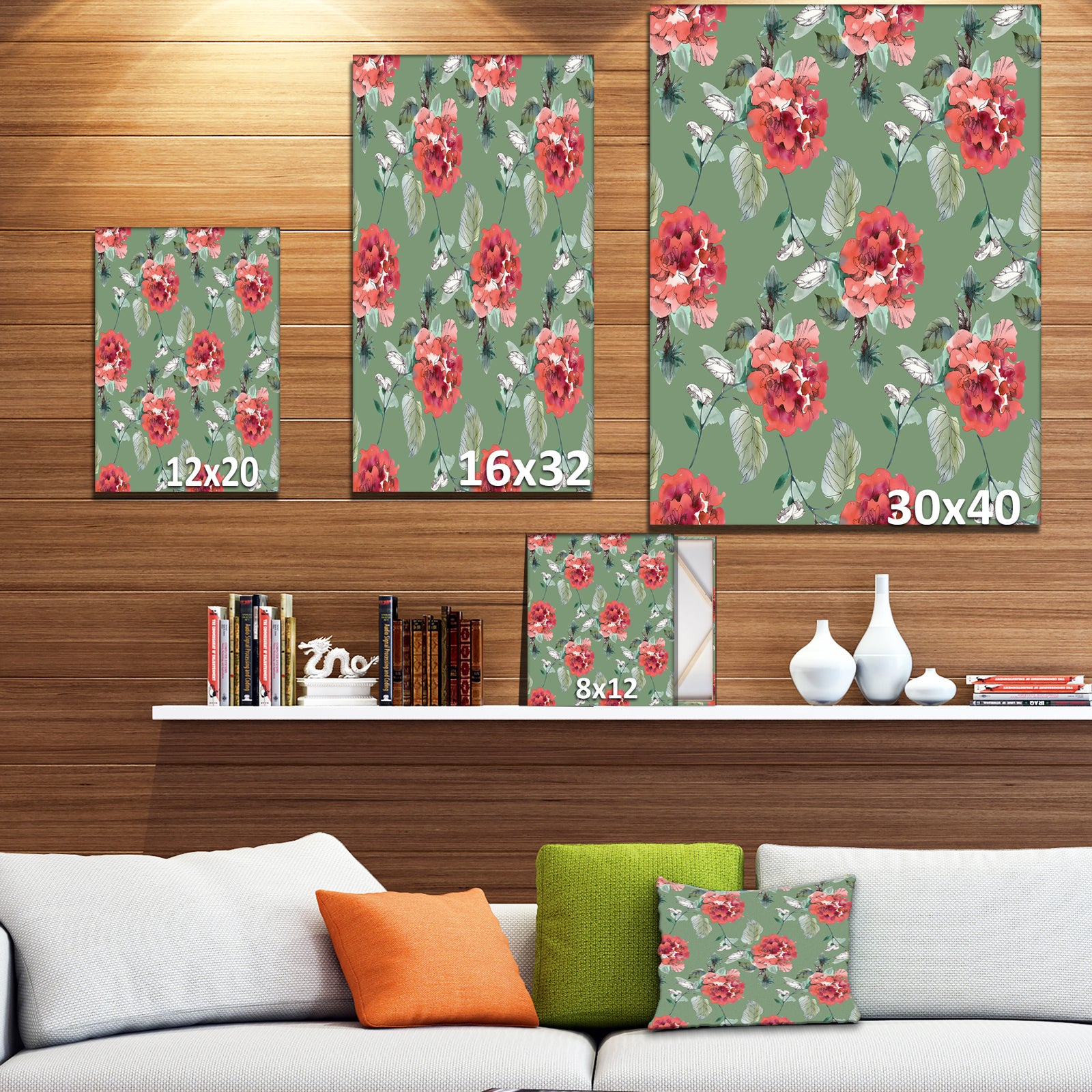 Red Rose in Green background - Floral Painting Print on Wrapped Canvas