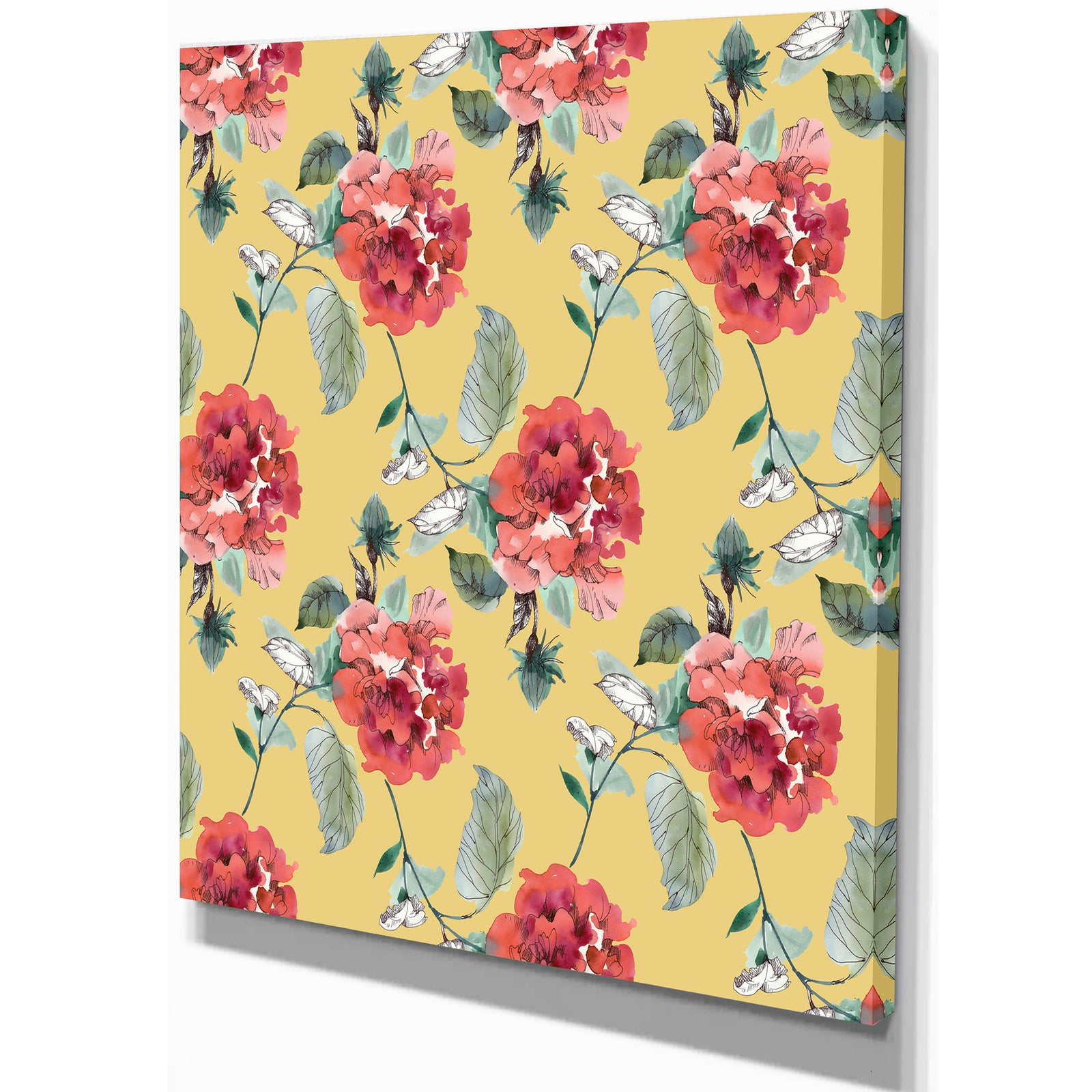 Red Rose in Yellow background - Floral Painting Print on Wrapped Canvas
