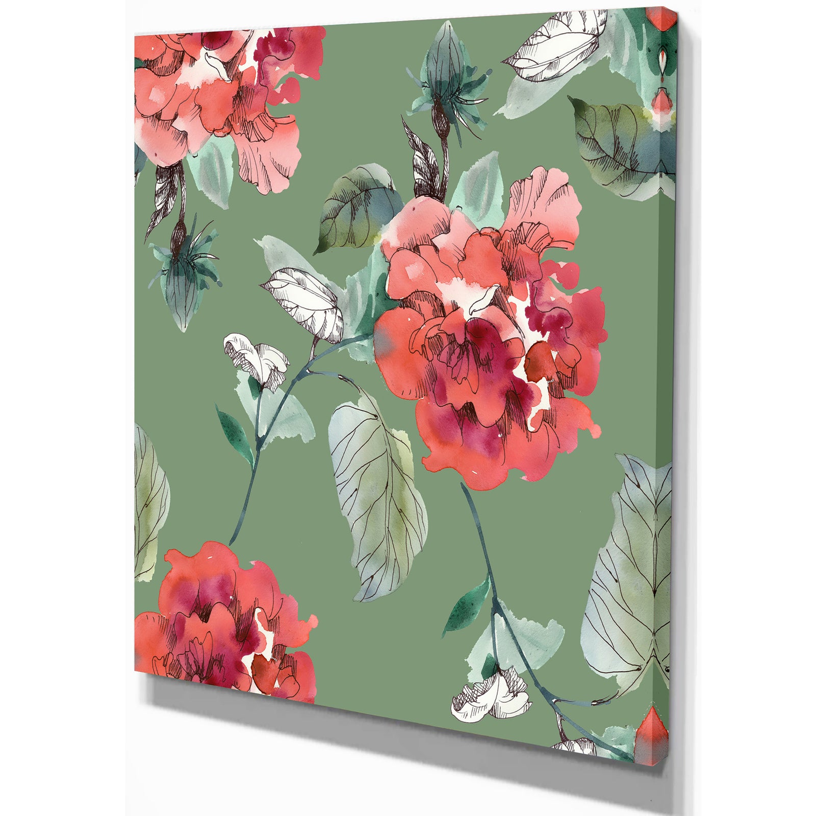 Red Flowers in Green Background - Floral Painting Print on Wrapped Canvas on wrapped Canvas