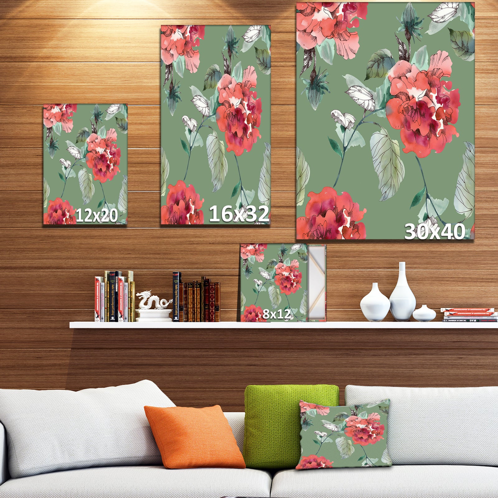 Red Flowers in Green Background - Floral Painting Print on Wrapped Canvas on wrapped Canvas