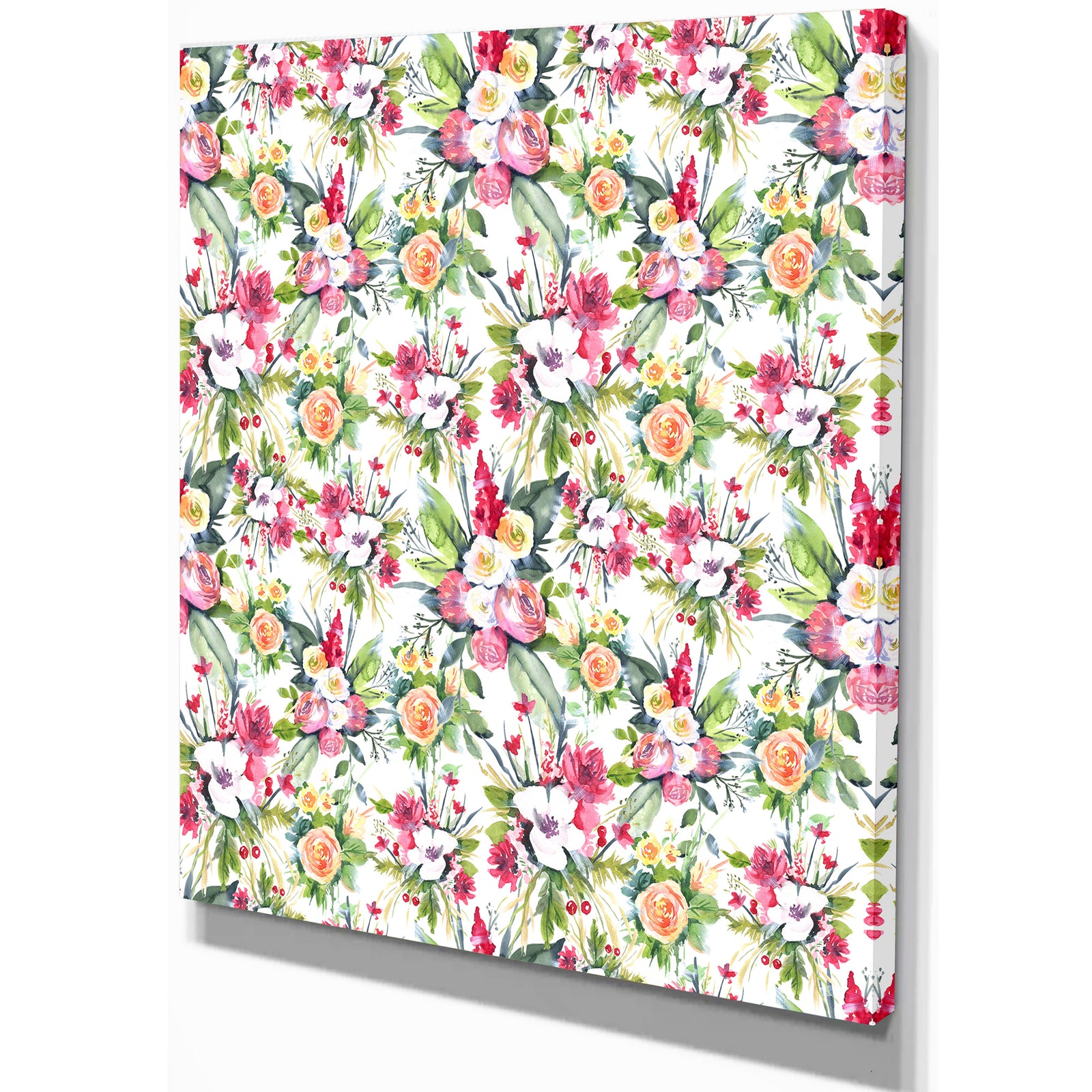 Seamless Pattern red roses on White background - Floral Painting Print on Wrapped Canvas