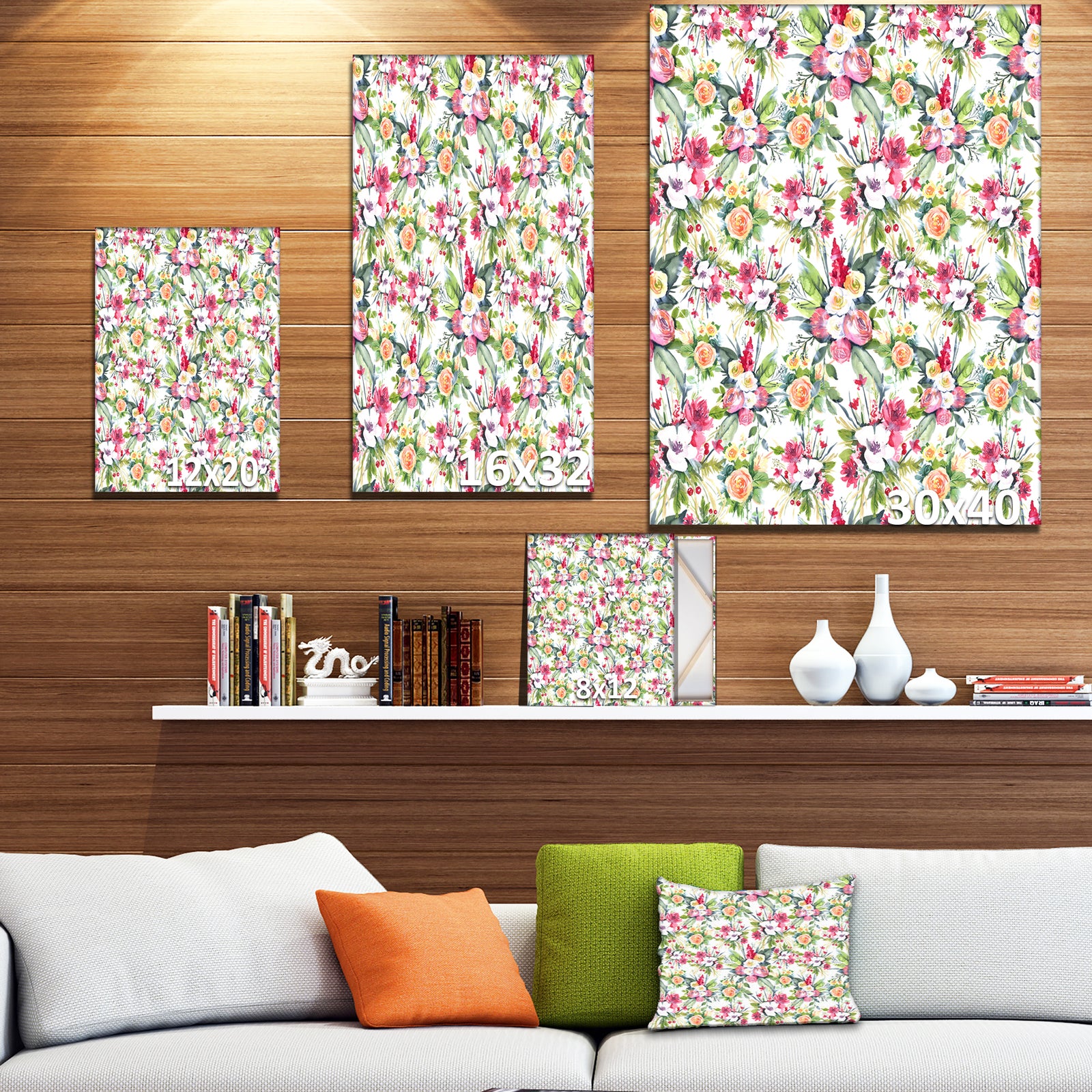 Seamless Pattern red roses on White background - Floral Painting Print on Wrapped Canvas