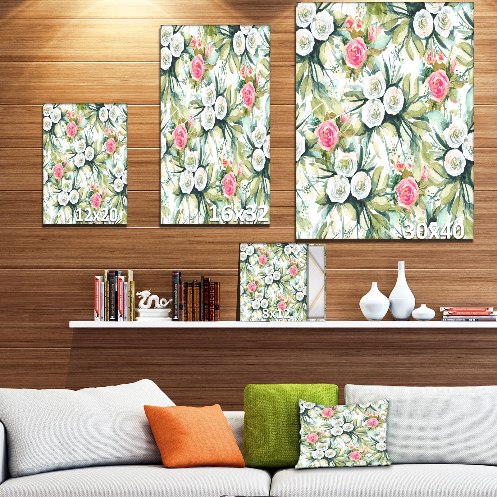 White and Red Roses in Seamless Pattern - Floral Painting Print on Wrapped Canvas