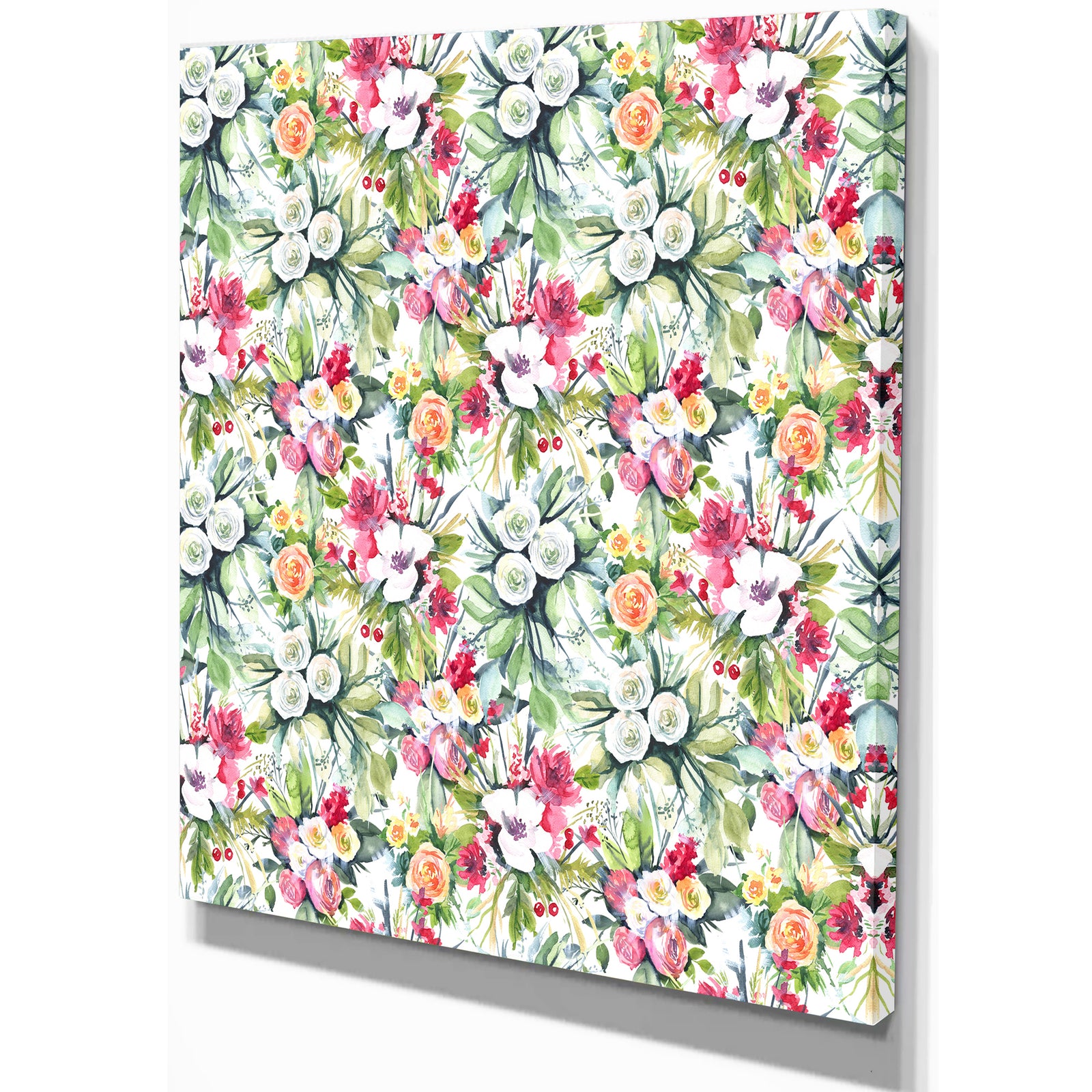 Mint bouquet of Flowers in White Red and Yellow - Floral Painting Print on Wrapped Canvas