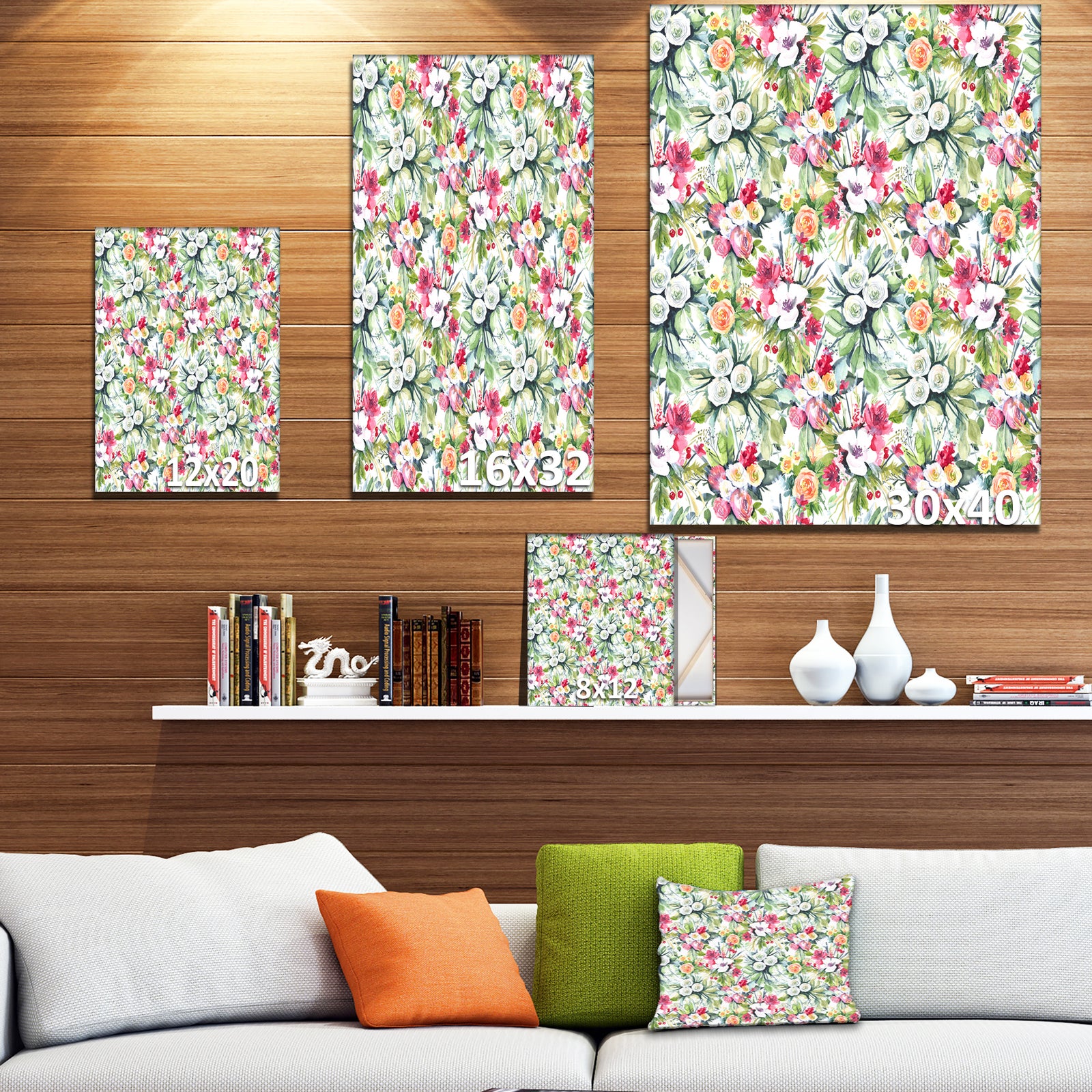 Mint bouquet of Flowers in White Red and Yellow - Floral Painting Print on Wrapped Canvas