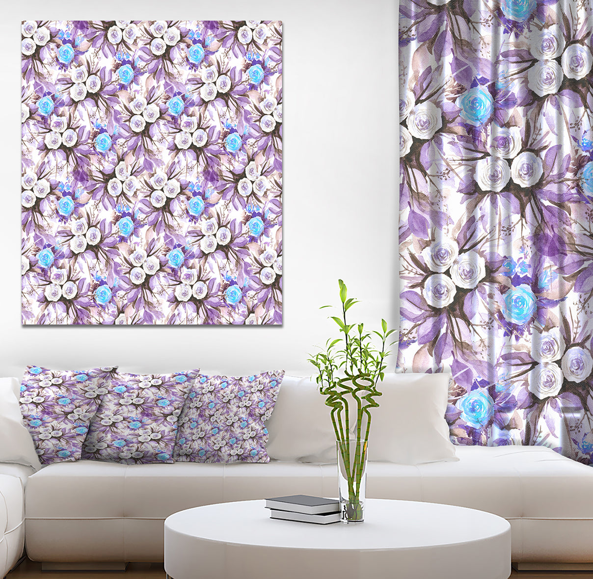 Cascade Bouquet Royal Blue Purple and White Flowers - Floral Painting Print on Wrapped Canvas