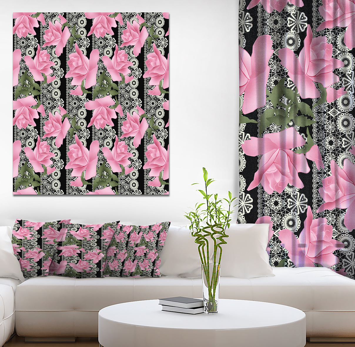 Black Lacy Roses Pattern - Digital Art on wrapped Canvas
