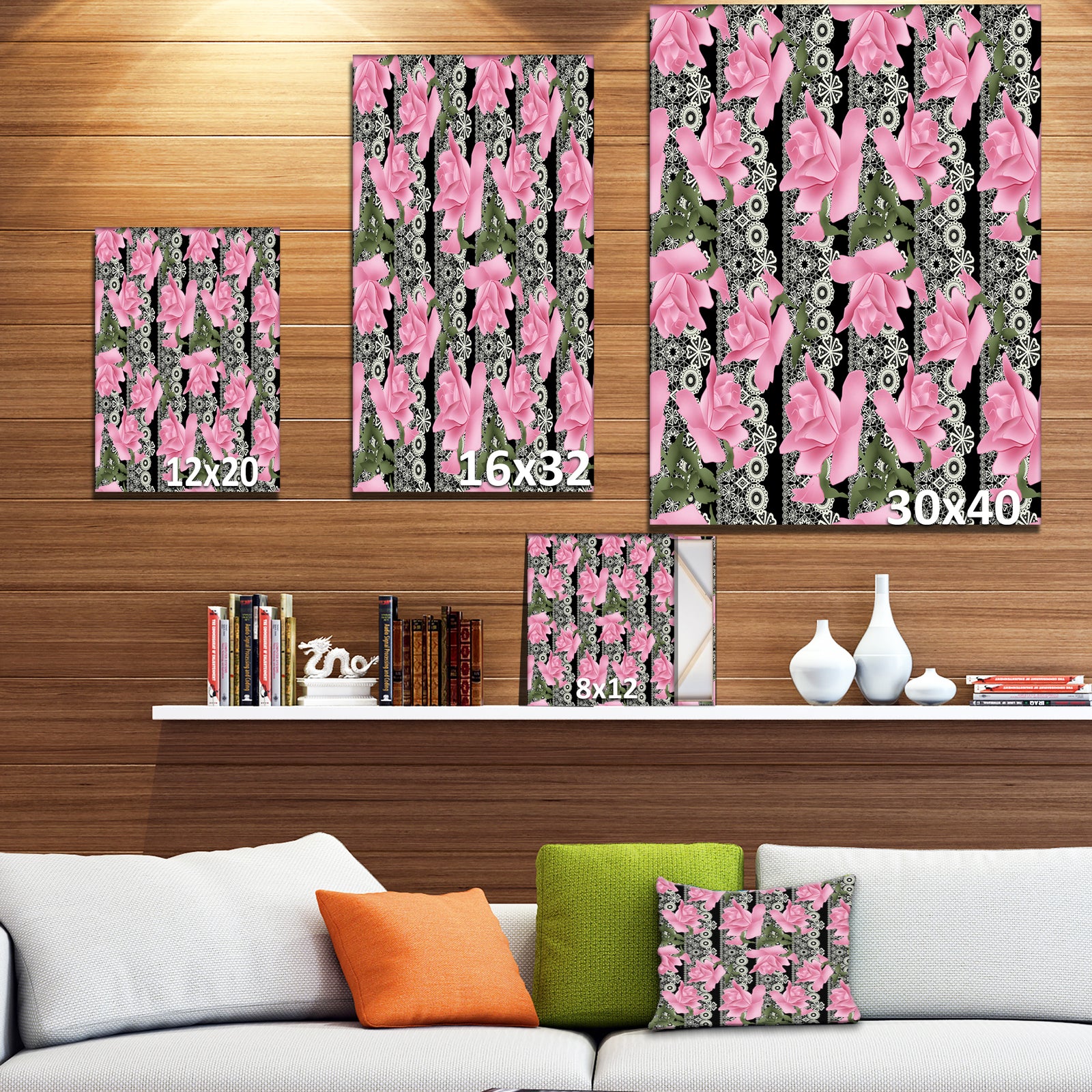 Black Lacy Roses Pattern - Digital Art on wrapped Canvas