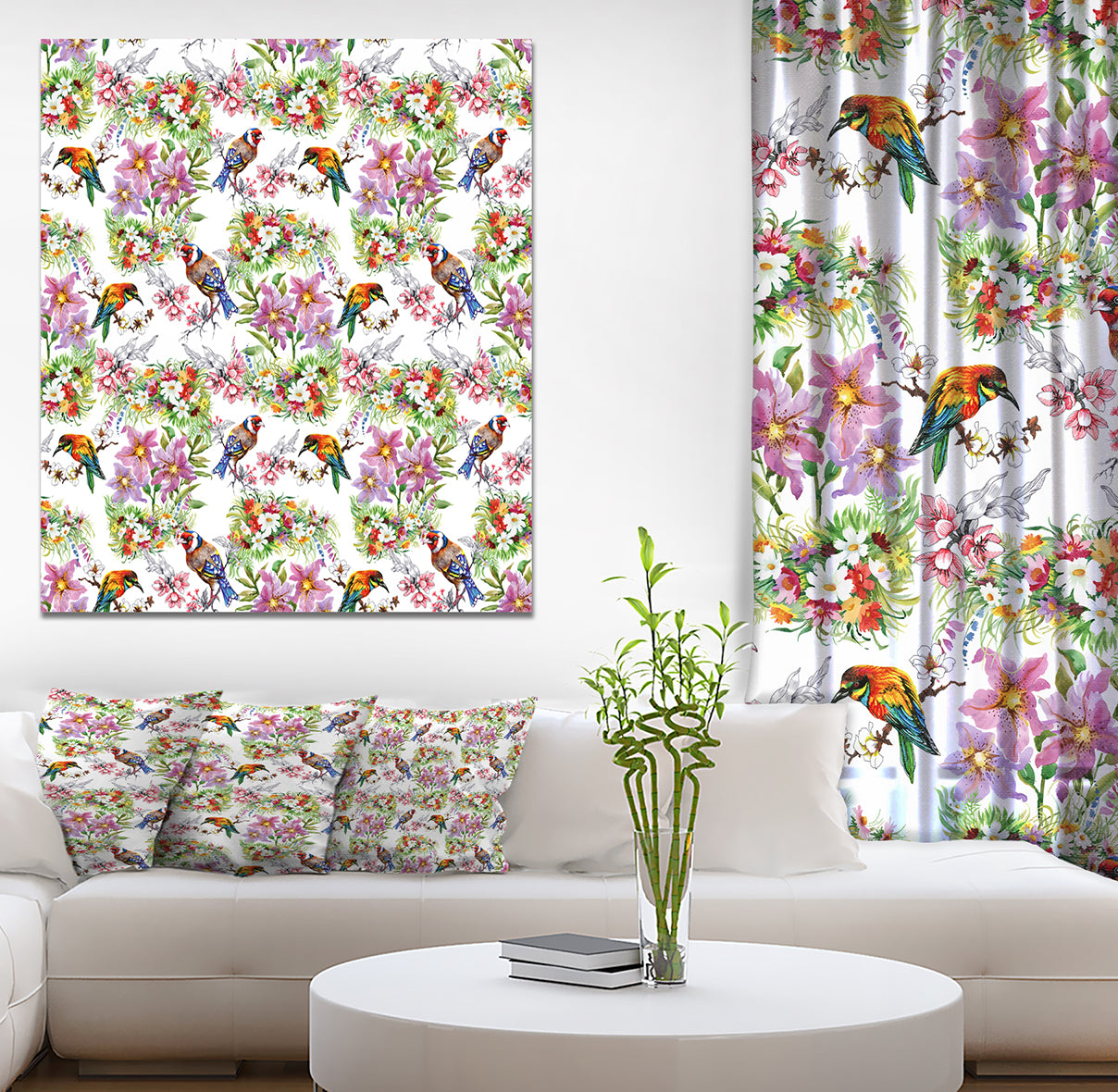 Pattern with flowers and birds - Floral Painting Print on Wrapped Canvas