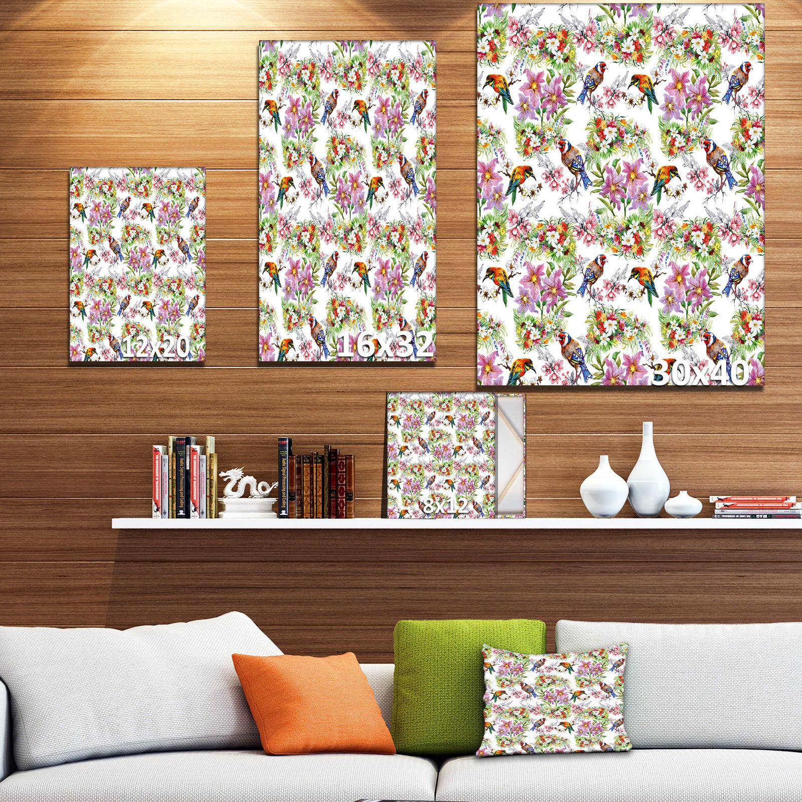 Pattern with flowers and birds - Floral Painting Print on Wrapped Canvas
