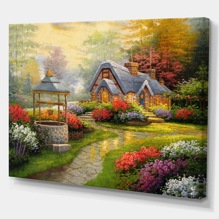 Sunset Stone Country Cottage - Floral Painting Print on Wrapped Canvas