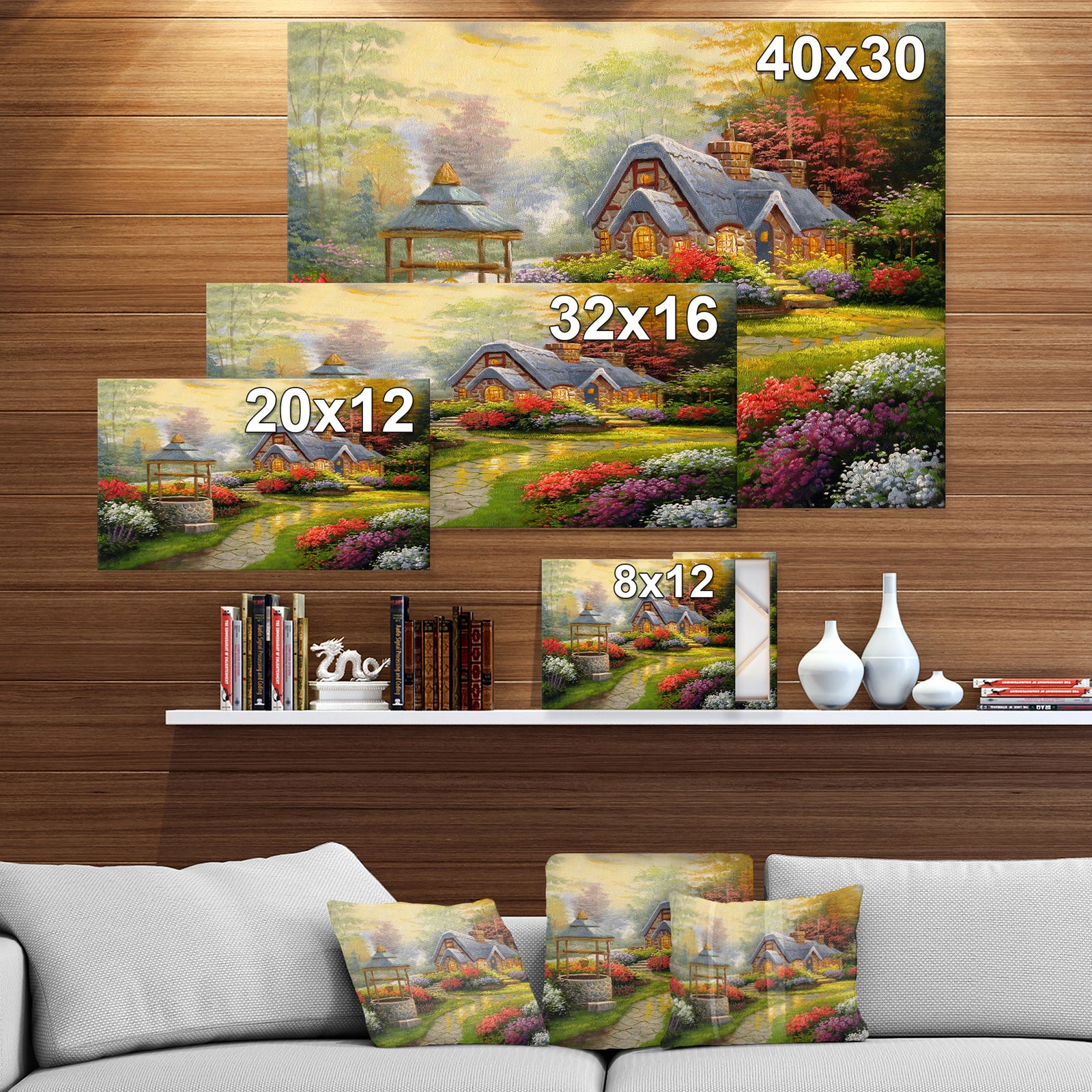 Sunset Stone Country Cottage - Floral Painting Print on Wrapped Canvas