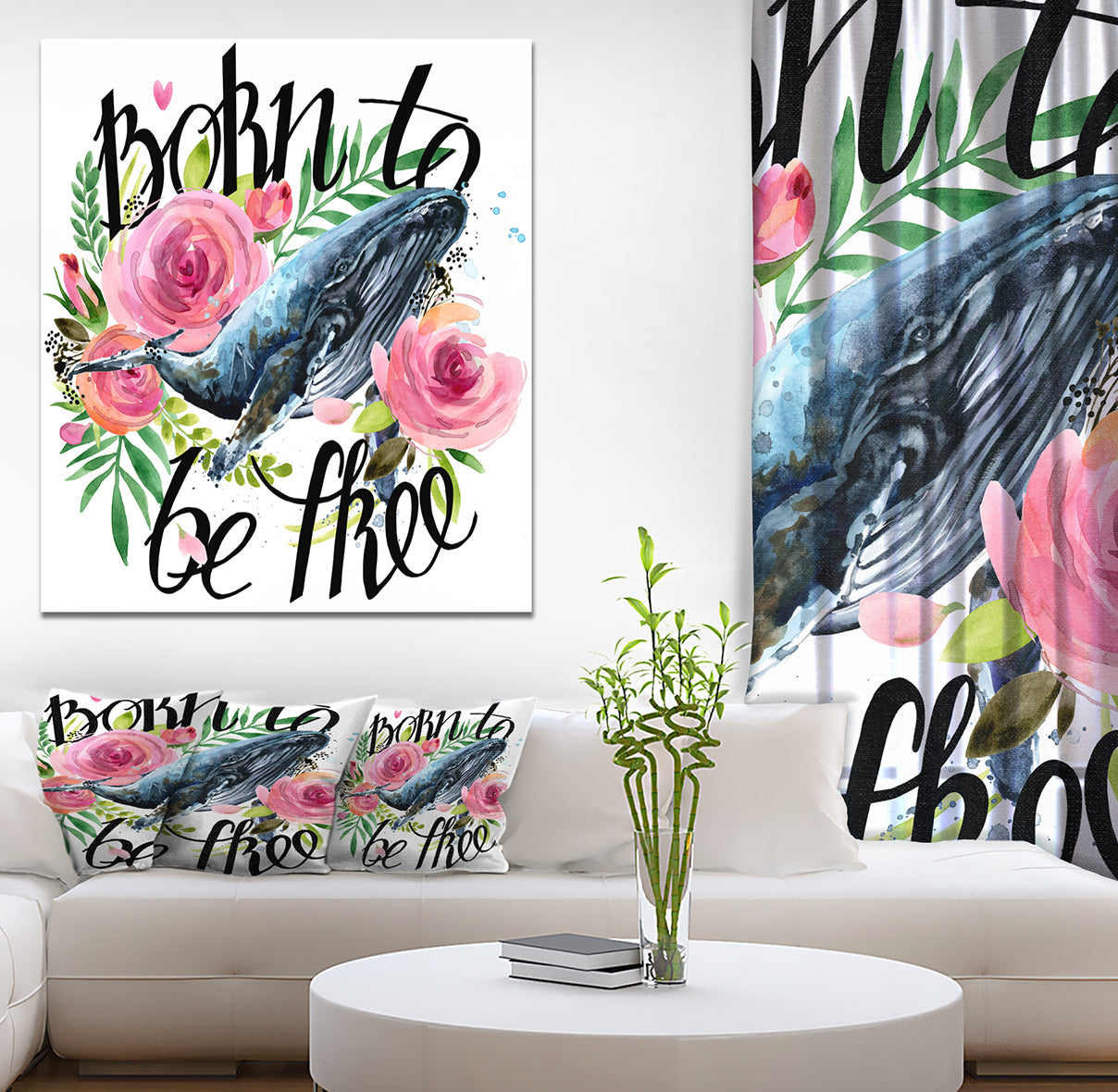 Whale and Roses - Floral Painting Print on Wrapped Canvas