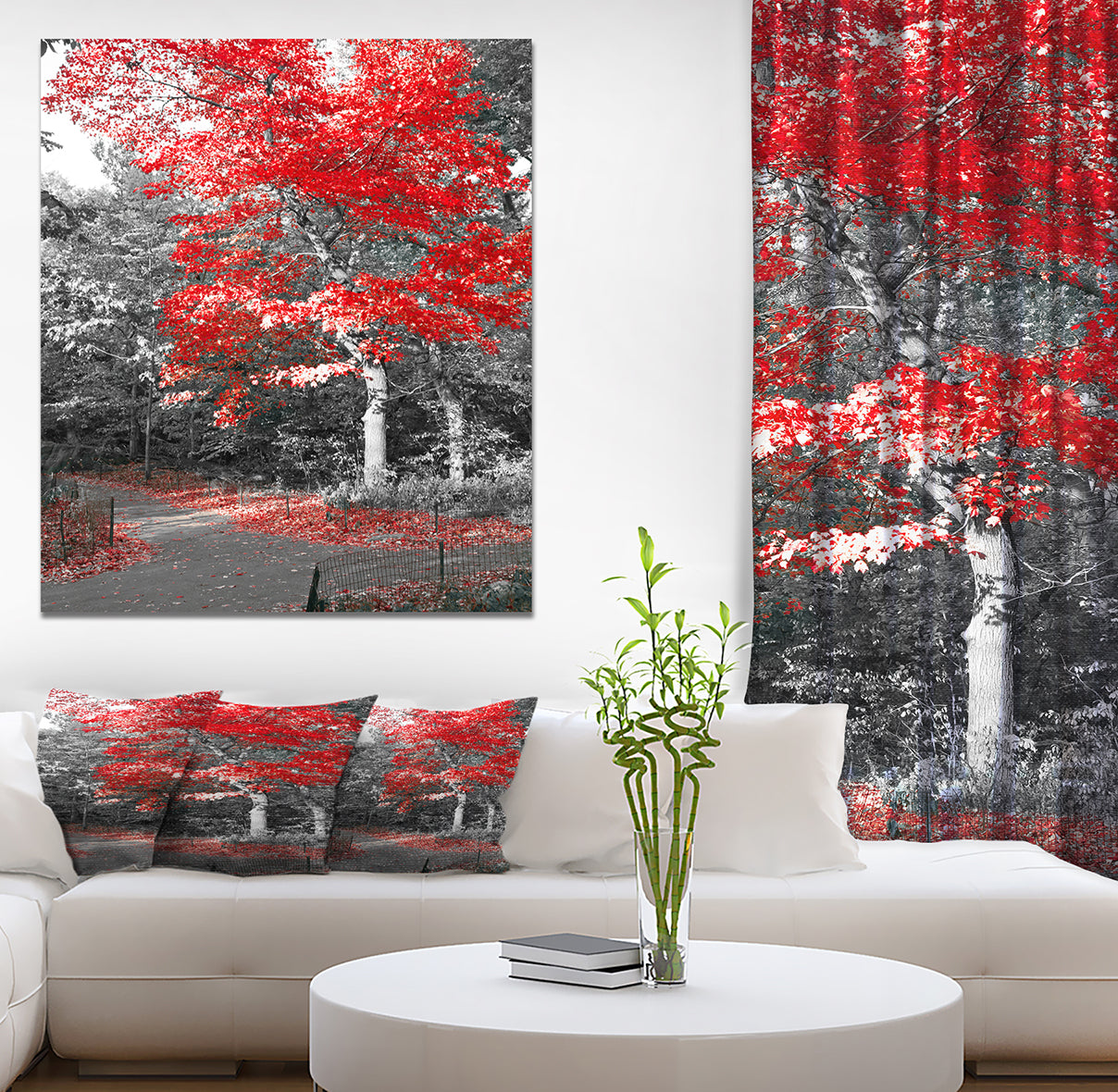 Red Fall Tree in Central Park - Floral photography on wrapped Canvas