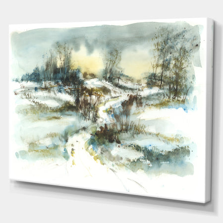 Path with Winter Pond illustration - Landscapes Painting Print on Wrapped Canvas
