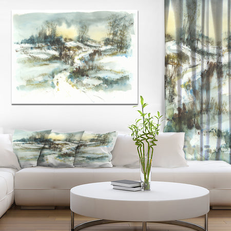 Path with Winter Pond illustration - Landscapes Painting Print on Wrapped Canvas
