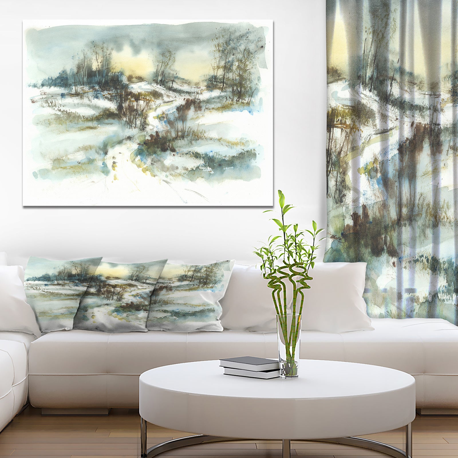 Path with Winter Pond illustration - Landscapes Painting Print on Wrapped Canvas