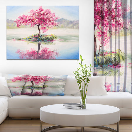Sakura on the Lake - Landscapes Painting Print on Wrapped Canvas