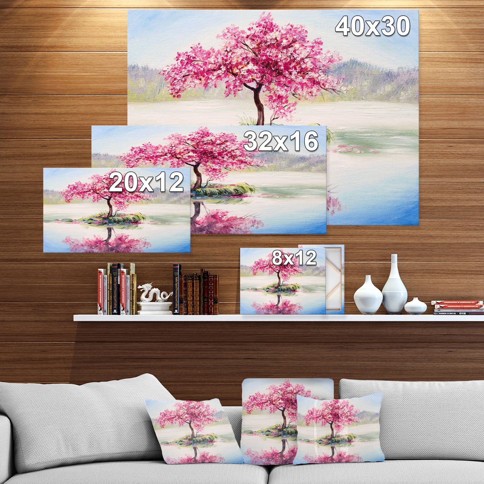 Sakura on the Lake - Landscapes Painting Print on Wrapped Canvas