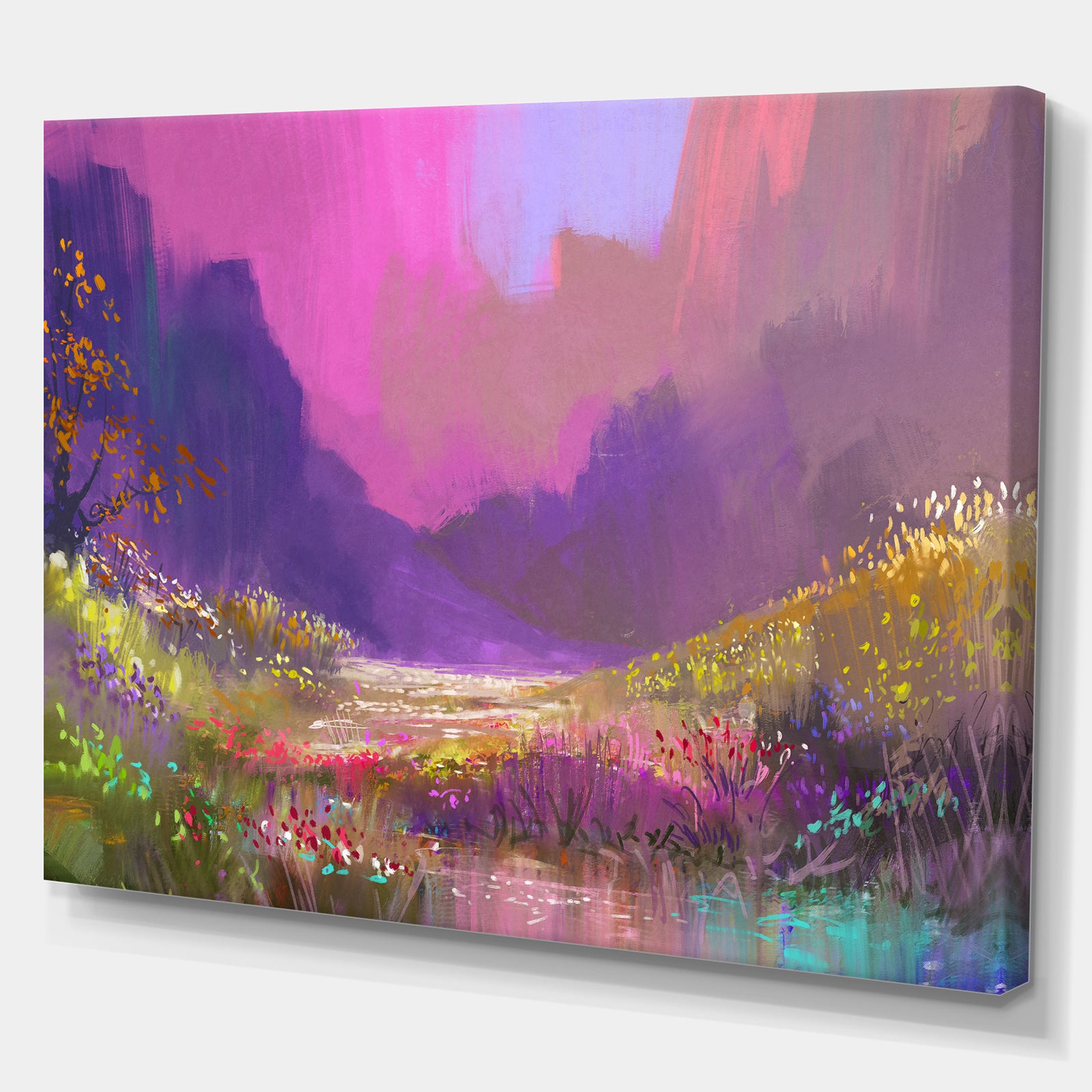 Colorful Flower with Mountain View - Landscapes Painting Print on Wrapped Canvas