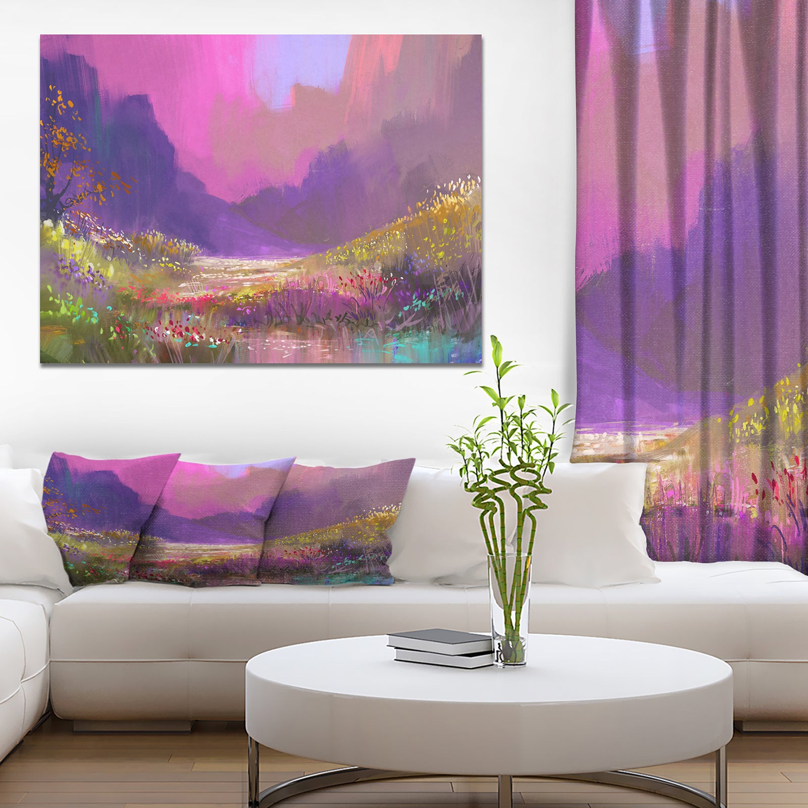 Colorful Flower with Mountain View - Landscapes Painting Print on Wrapped Canvas