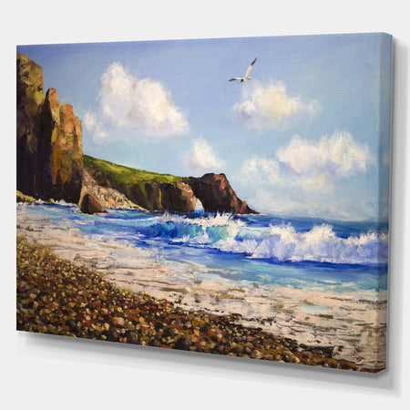 Seagull in Sea Landscape View - Landscapes Painting Print on Wrapped Canvas