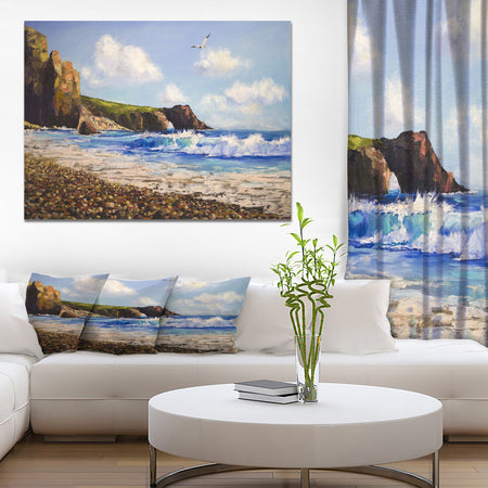 Seagull in Sea Landscape View - Landscapes Painting Print on Wrapped Canvas