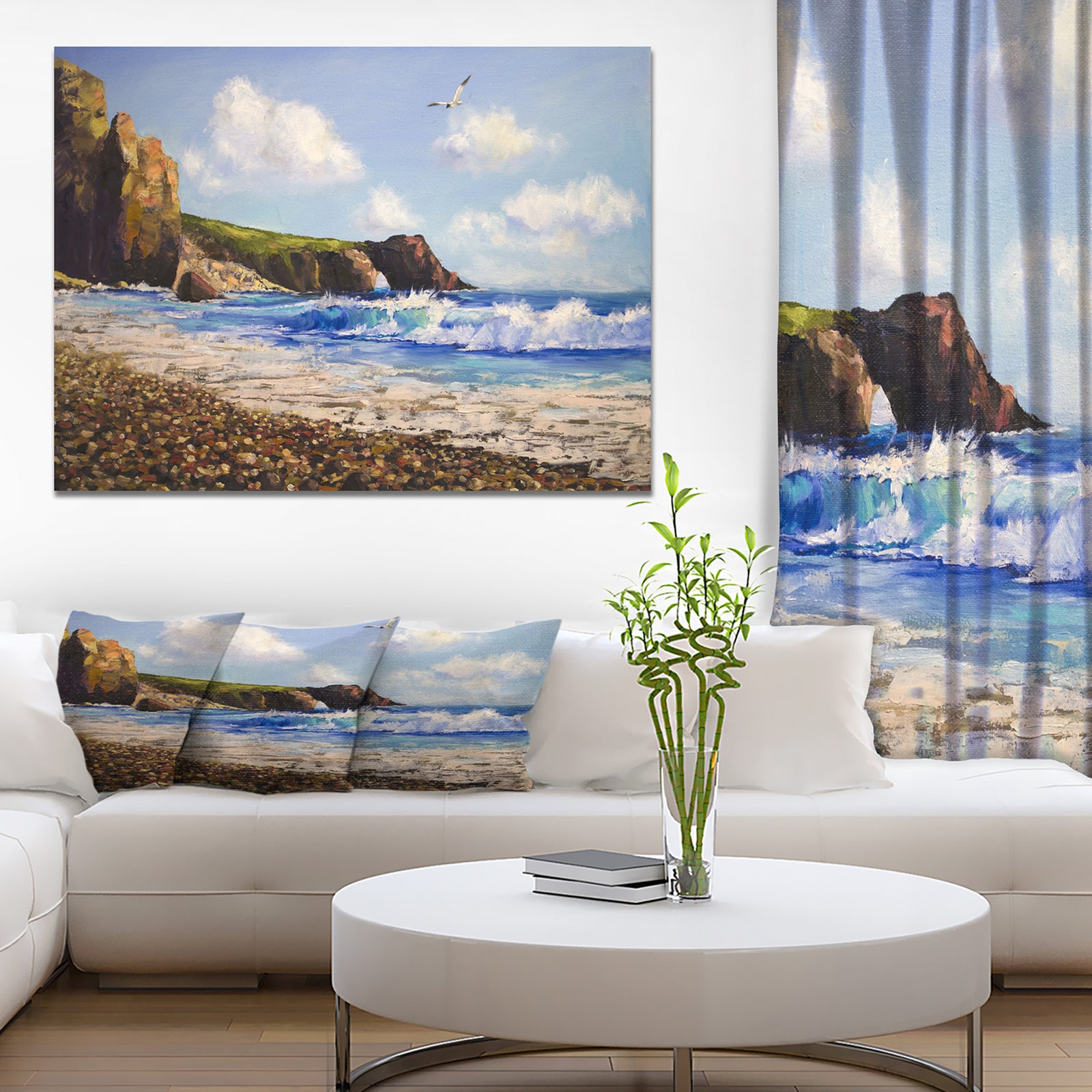 Seagull in Sea Landscape View - Landscapes Painting Print on Wrapped Canvas