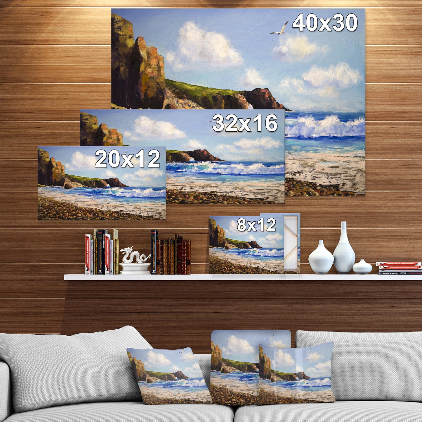 Seagull in Sea Landscape View - Landscapes Painting Print on Wrapped Canvas
