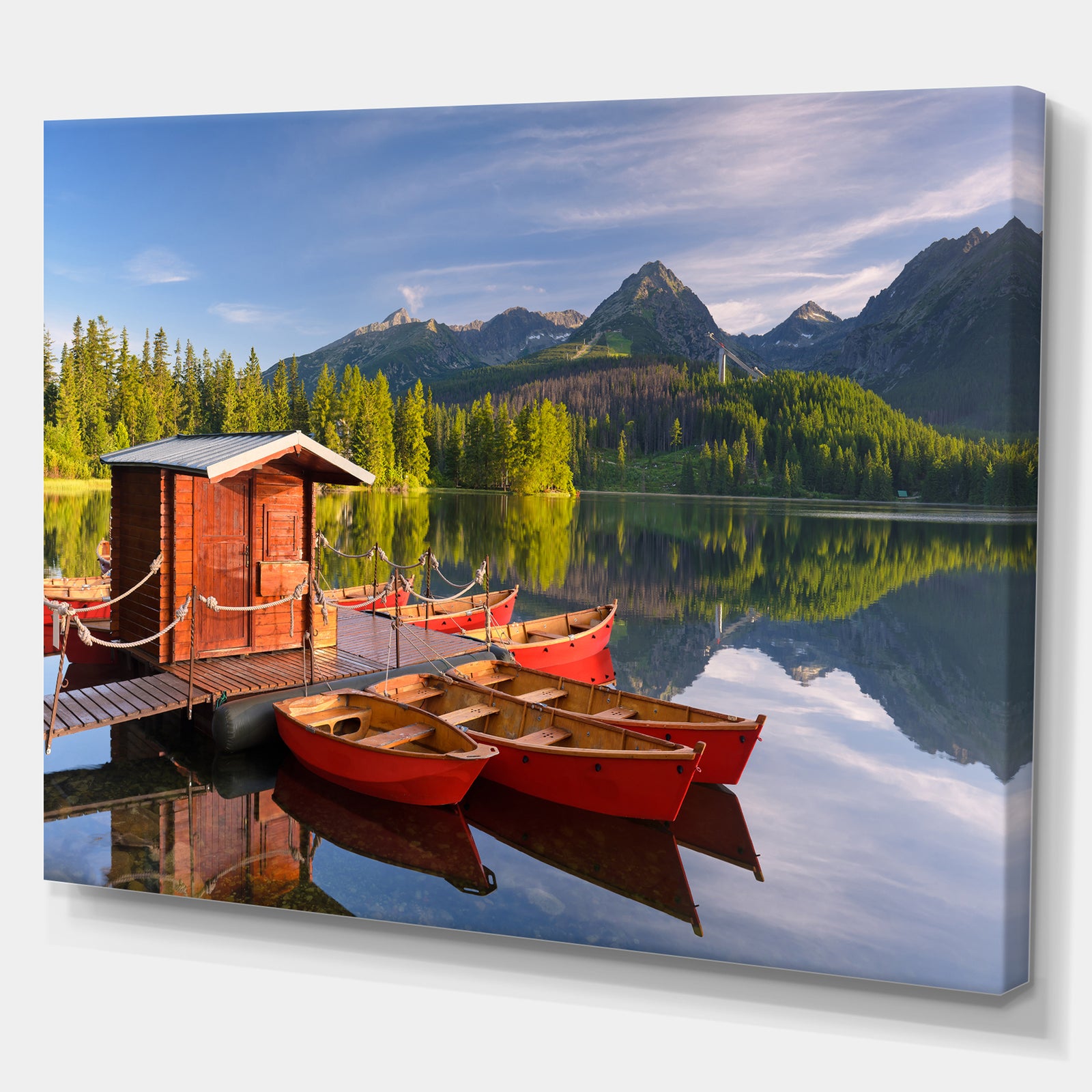 Red boat in a mountain lake - Lake Landscapes Photographic on wrapped Canvas