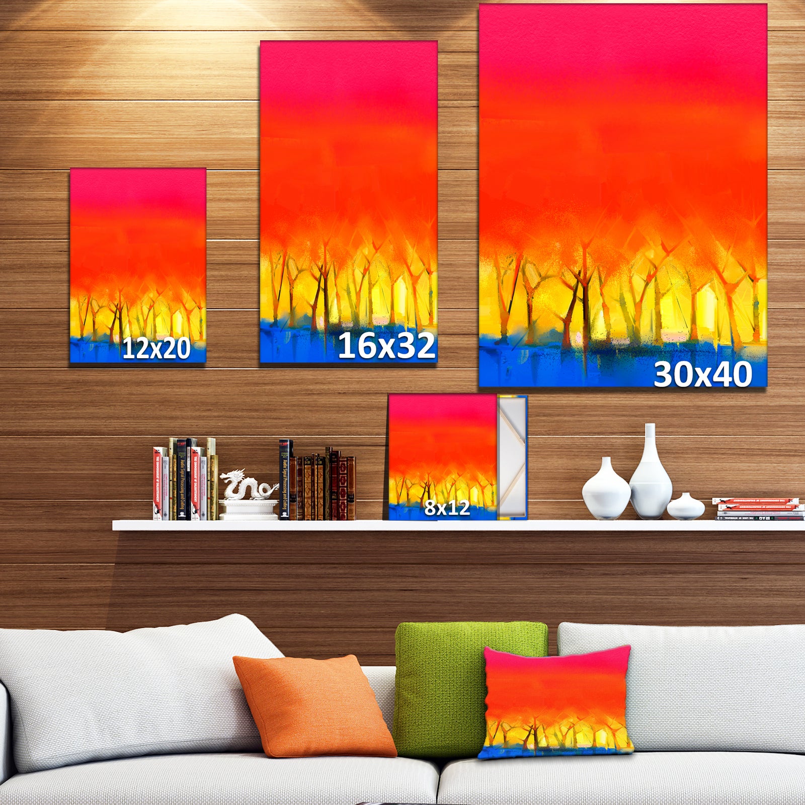 Tree and Red Sky Spring Season - Landscapes Painting Print on Wrapped Canvas