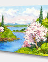 Flowering Trees in Winding River - Landscapes Painting Print on Wrapped Canvas