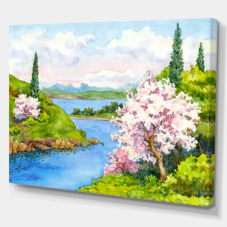 Flowering Trees in Winding River - Landscapes Painting Print on Wrapped Canvas