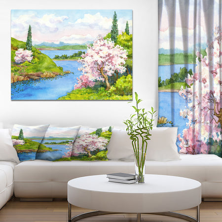 Flowering Trees in Winding River - Landscapes Painting Print on Wrapped Canvas