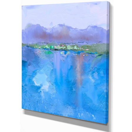 Purple Hill and Blue Lake Under Blue Sky - Landscapes Painting Print on Wrapped Canvas