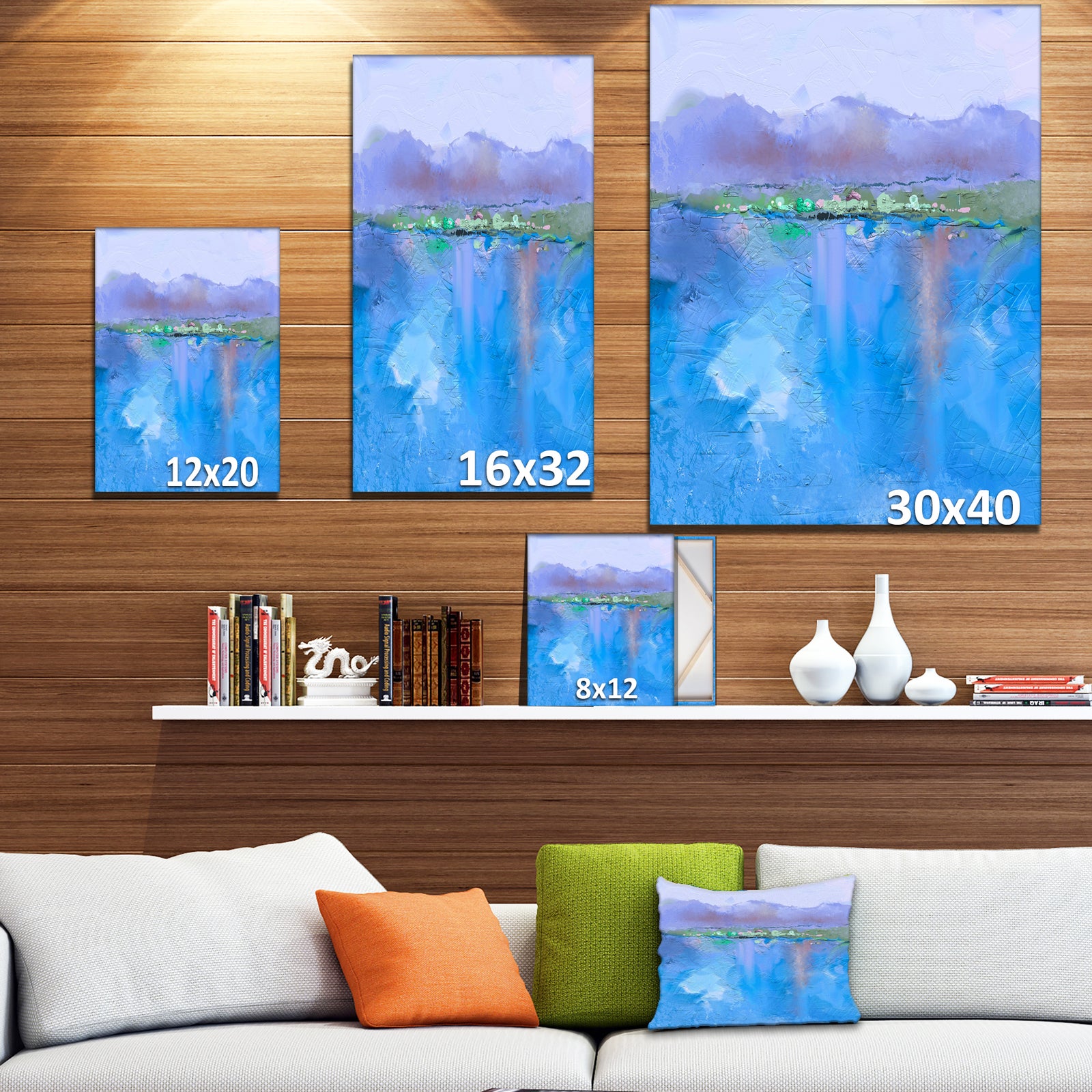 Purple Hill and Blue Lake Under Blue Sky - Landscapes Painting Print on Wrapped Canvas