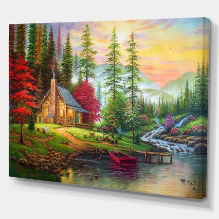 House in the forest - Landscapes Painting Print on Wrapped Canvas
