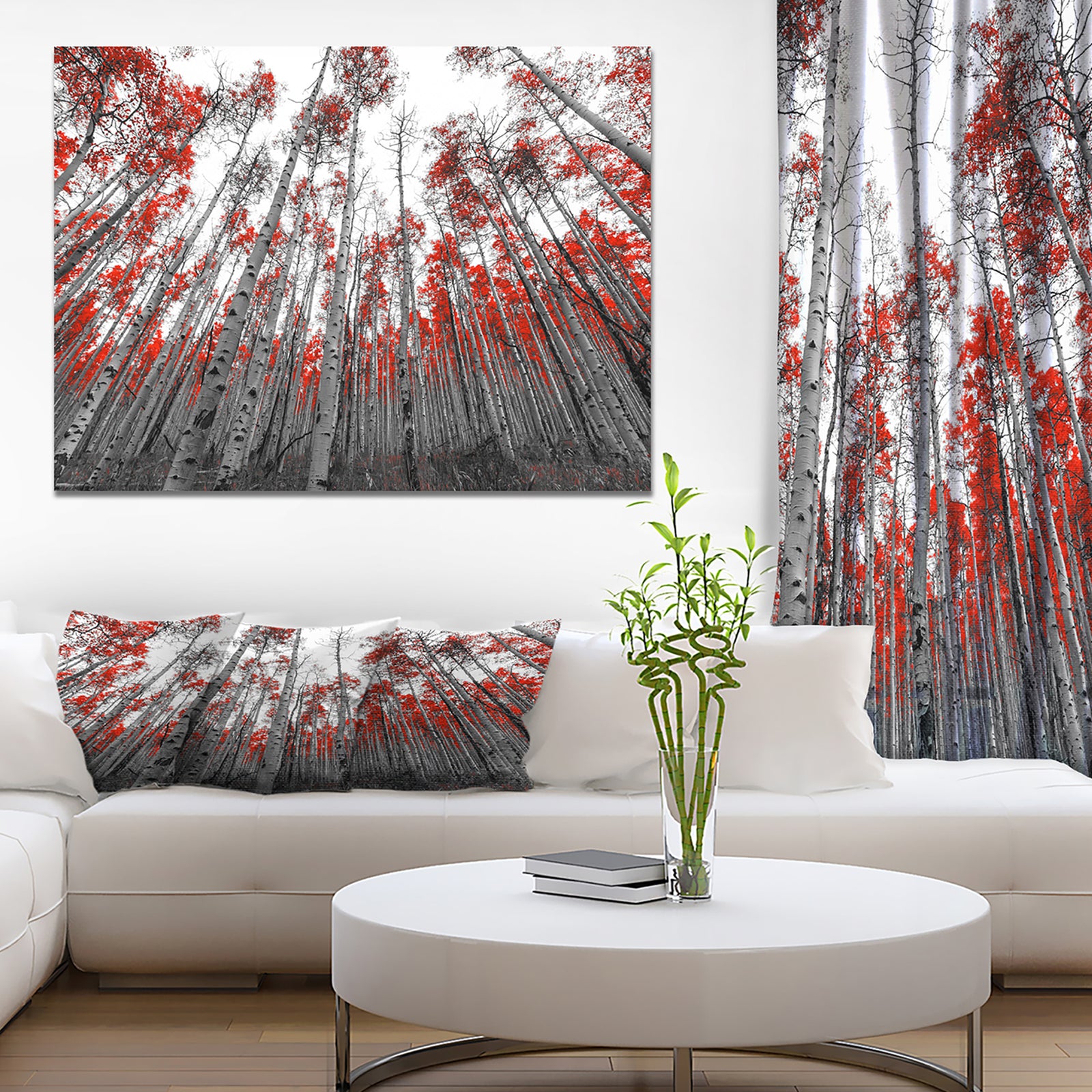 Red Leaf Trees in Tall Forest - Floral Landscapes Photographic on wrapped Canvas