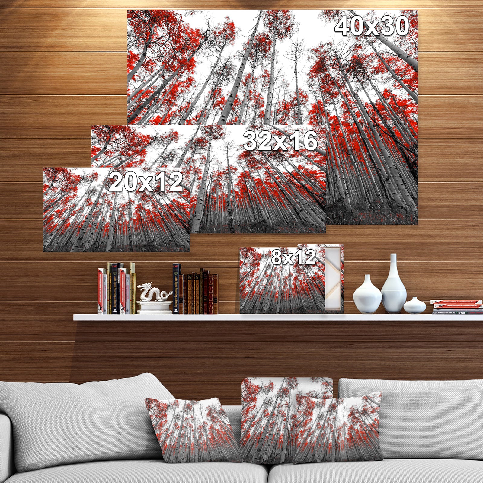 Red Leaf Trees in Tall Forest - Floral Landscapes Photographic on wrapped Canvas