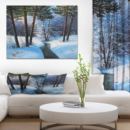 Small River in Winter Forest - Landscapes Painting Print on Wrapped Canvas
