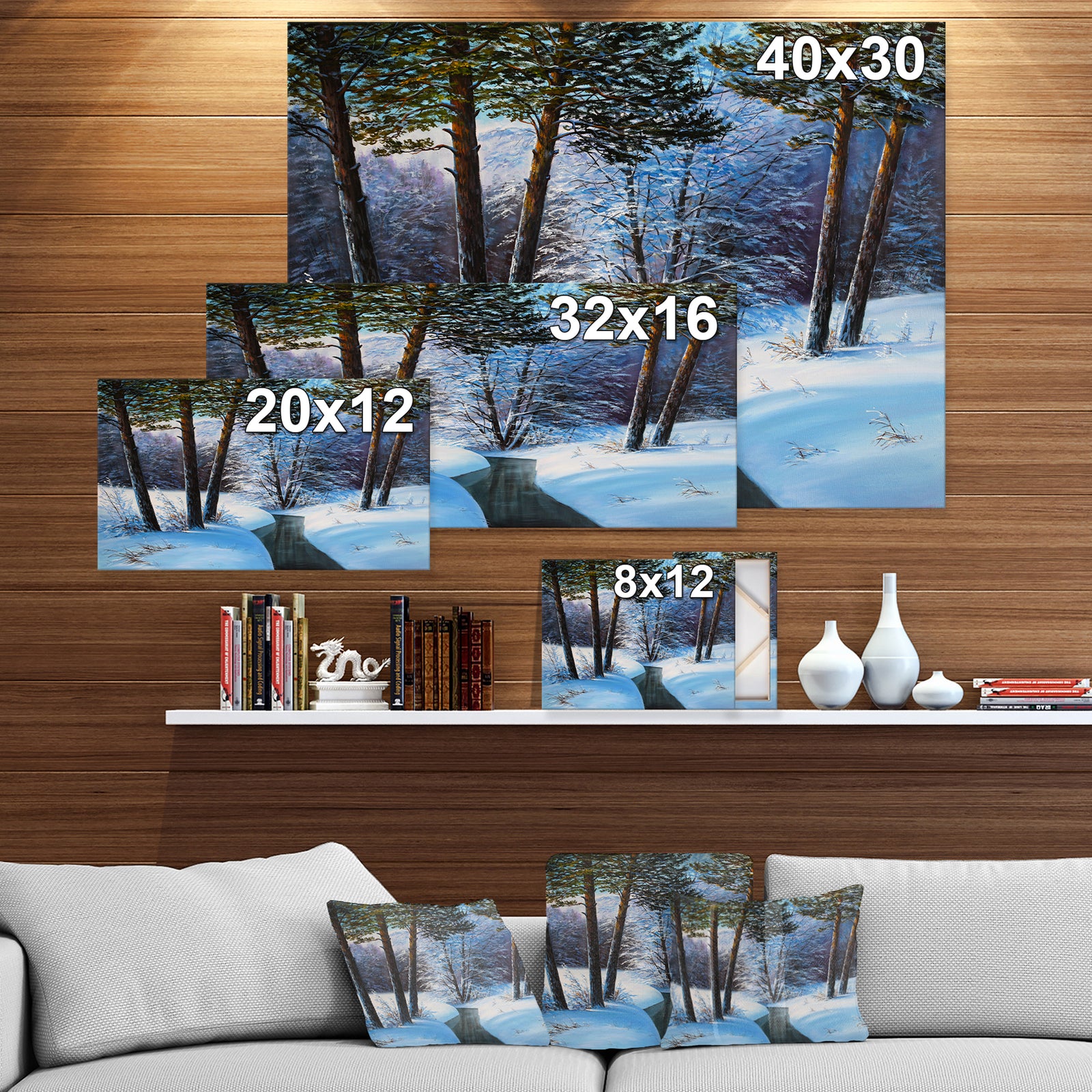 Small River in Winter Forest - Landscapes Painting Print on Wrapped Canvas