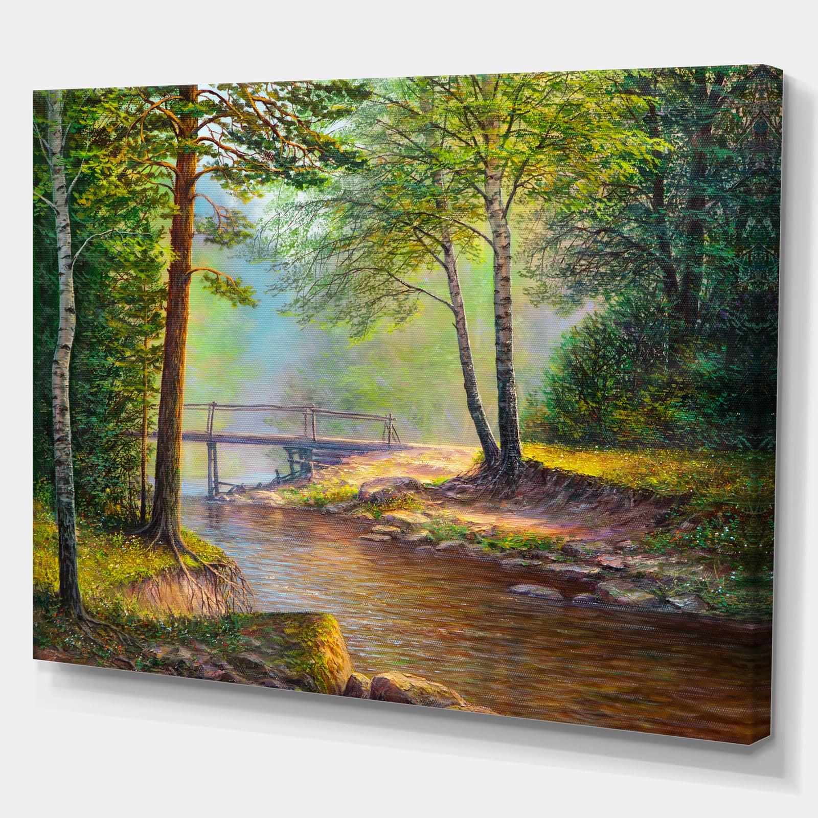 River With Bridge in Summer Forest - Landscapes Painting Print on Wrapped Canvas