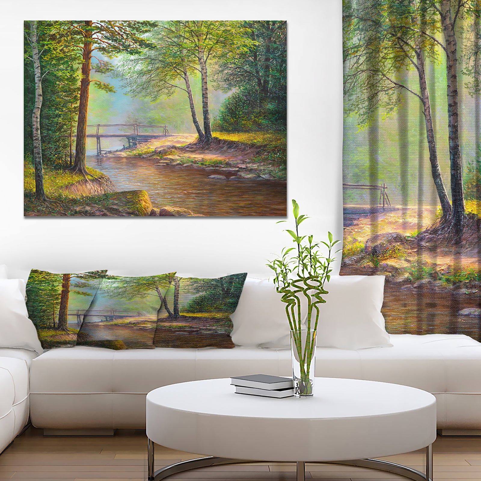 River With Bridge in Summer Forest - Landscapes Painting Print on Wrapped Canvas