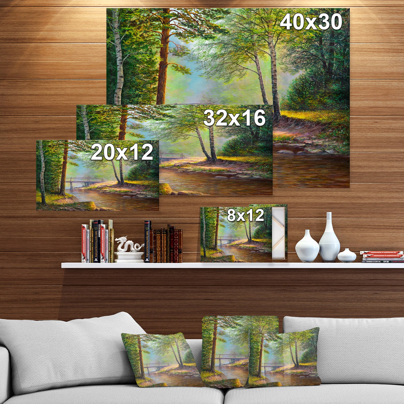 River With Bridge in Summer Forest - Landscapes Painting Print on Wrapped Canvas