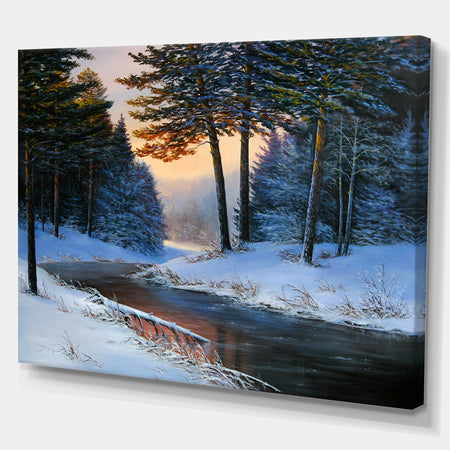 Winter River and Forest - Landscapes Painting Print on Wrapped Canvas